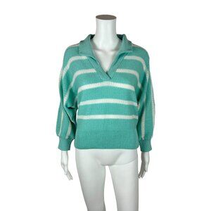 Vintage 80s Striped Sweater Women's Size M Aqua V Neck Slouchy Pullover Dolman S